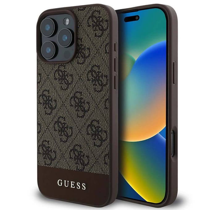 Guess 4G Bottom Stripe Hoesje Geschikt voor Apple iPhone 16 Pro - Back Cover Bruin