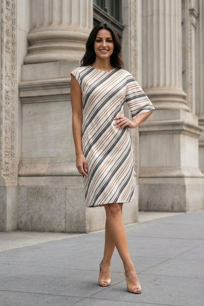 Asymmetrische Gestreepte Maxi-jurk met Ronde Hals