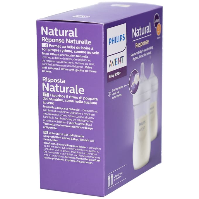 Lot de 2 biberons - PHILIPS AVENT- Natural 3.0 - Anti-colique - 260 ml - AirFree - Tétine imitant la forme du sein - Blanc