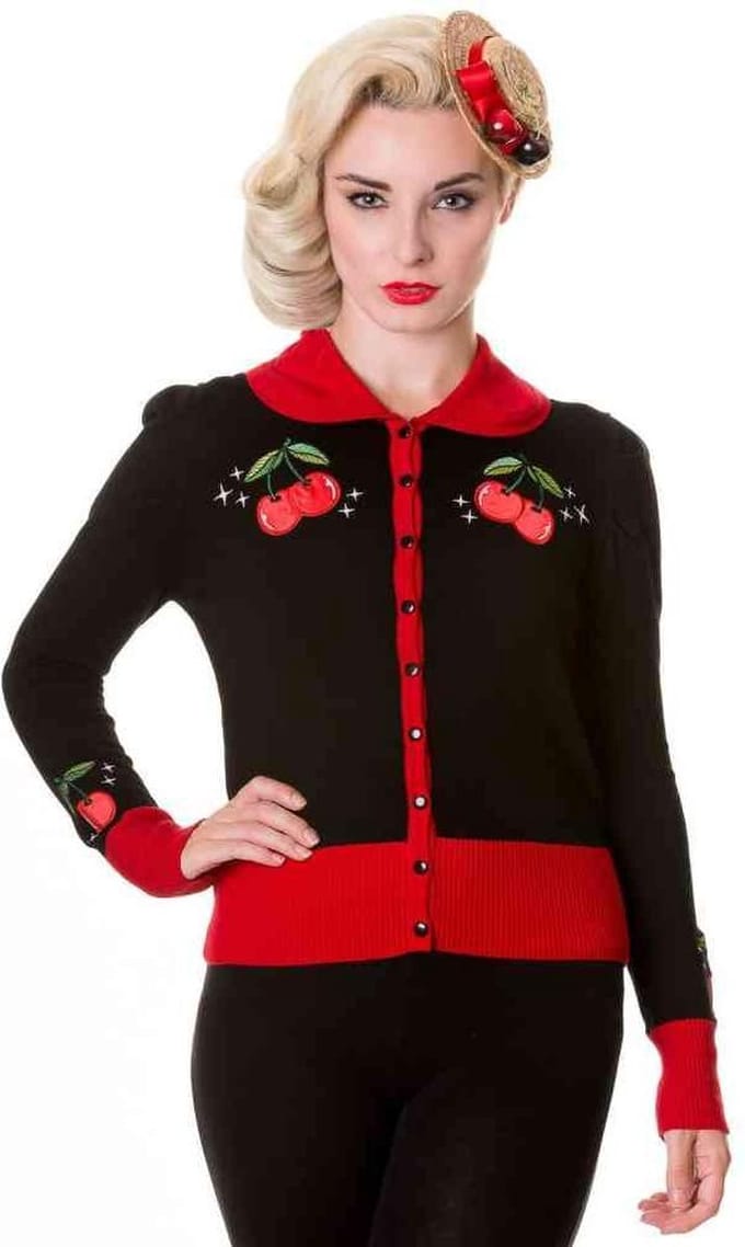 Dancing Days - BLACK RED VINTAGE CHERRY Cardigan - S - Zwart/Rood