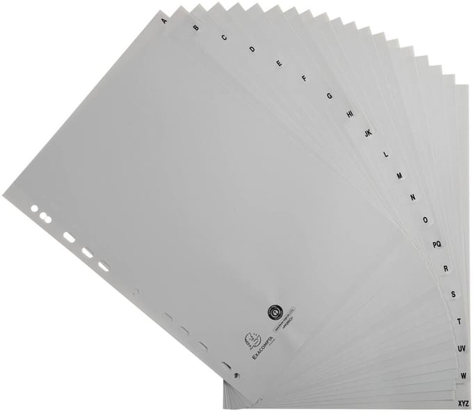 Exacompta 20x Tabbladen met bedrukte tabs in gerecycled PP - 20 tabs - A tot Z - A4 - Grijs - 1720E