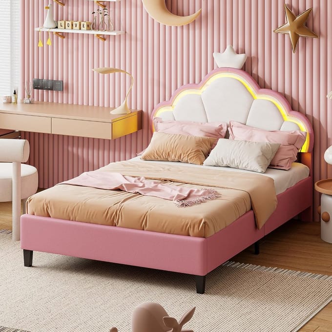 Gestoffeerd Bed - Eenpersoonsbed - Comfortabel Slapen - Met LED Verlichting - 90 x 200 cm - Roze