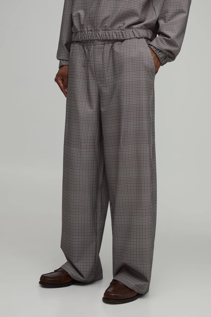 Baggy Fit Check Technical Stretch Trousers | Ecru | Size Medium
