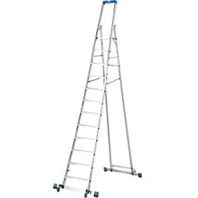 Trapladder, met 12 treden, aluminium, verrijdbaar met dwarssteun