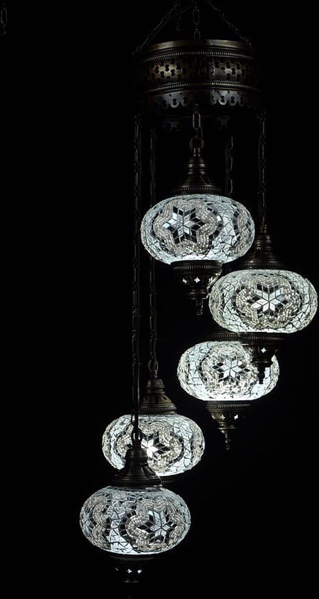 Turkse Lamp - Hanglamp Mozaïek - Kroonluchter Wit - 5 Bollen - Handgemaakt en Authentiek