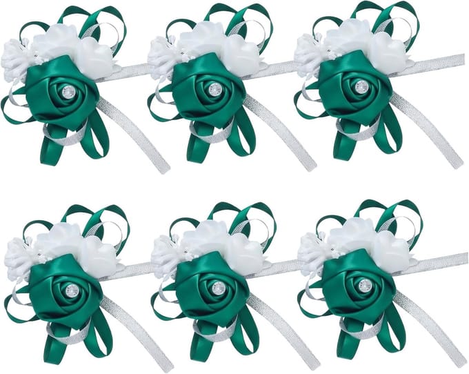 Pols Corsage - Polsbloem Armband - Bruiloft Accessoire - Lint Parel Strass Details - 6 Stuks - Groen