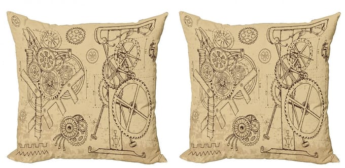ABAKUHAUS Steampunk Kussenhoezen – 2x40x40 – Dubbelzijdig bedrukt – Beige/Bruin