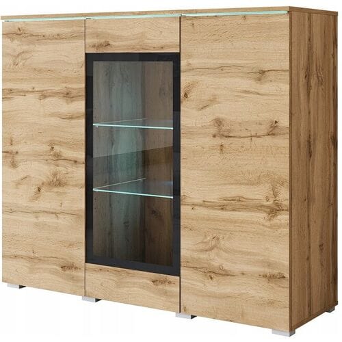 Moderne hoge vitrinekast 120 cm voor woonkamer 3 deuren eik wotan mat