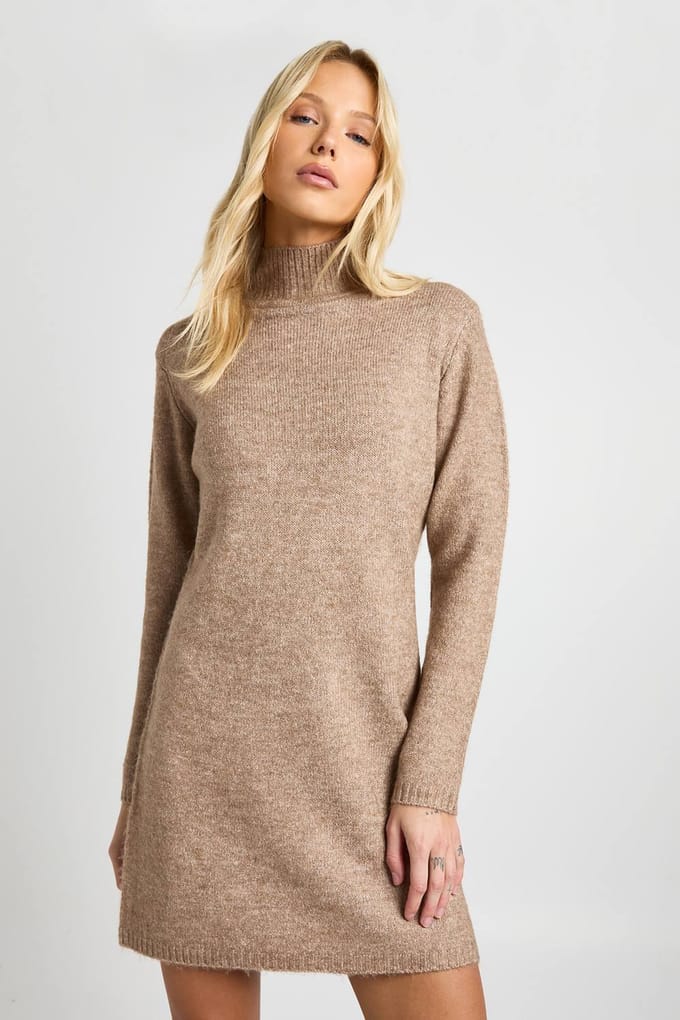 boohoo Dames High Neck Super Soft Gebreide Mini Jurk | Hazelnoot | Maat: XS