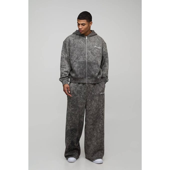 Ruimvallend boxy grafisch gewassen hoodie-trainingspak met ritssluiting | Charcoal | Size Medium
