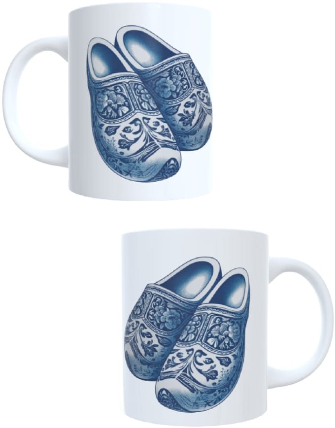 Bedrukte koffie beker - thee mok - opdruk blauwe klompen - afbeelding bleu clogs