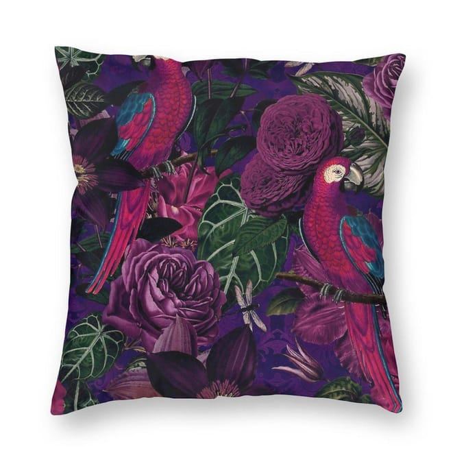 Middernacht Jungle Vogel Tropisch Botanisch Vierkant Kussensloop Polyester Linnen Fluweel Bedrukt Rits Kussensloop Huis Kussenhoes Short plush 60*60(CM)-1Pcs