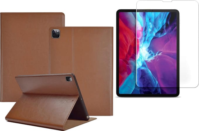 Hoes + Screenprotector geschikt voor iPad Pro 2020 12.9 inch - Leren Case Okerbruin