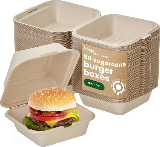 Haago – 50 Hamburger Bakjes van Suikerriet, 15x15cm – Composteerbaar – Take-Away Containers – Wegwerp