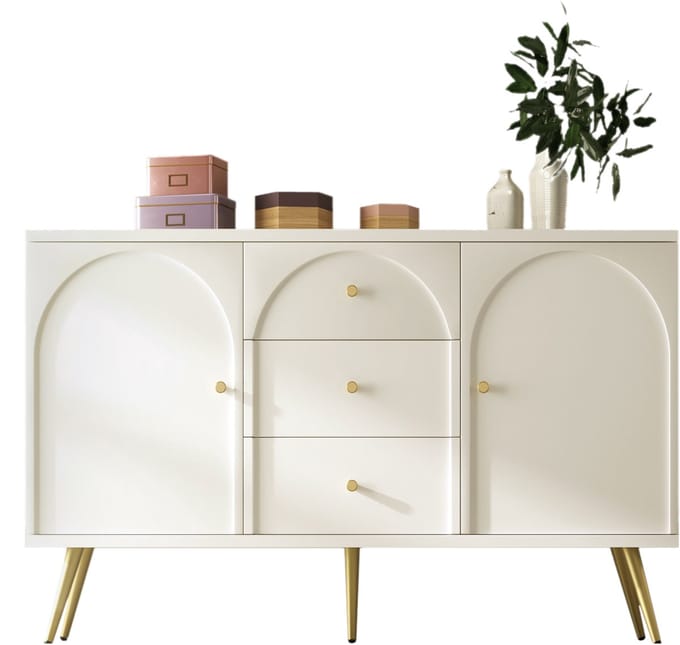 Opbergkast / Kommode 140 cm - Crèmewit & Verstelbare Planken - Met 2 Deuren & 3 Lades