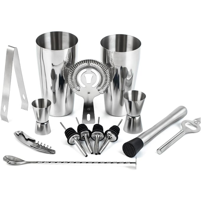 14 stks/set Mixology Barman Kit Cocktail Shaker Set met Boston Shaker/Jigger/Schenkers/Ijs zilver