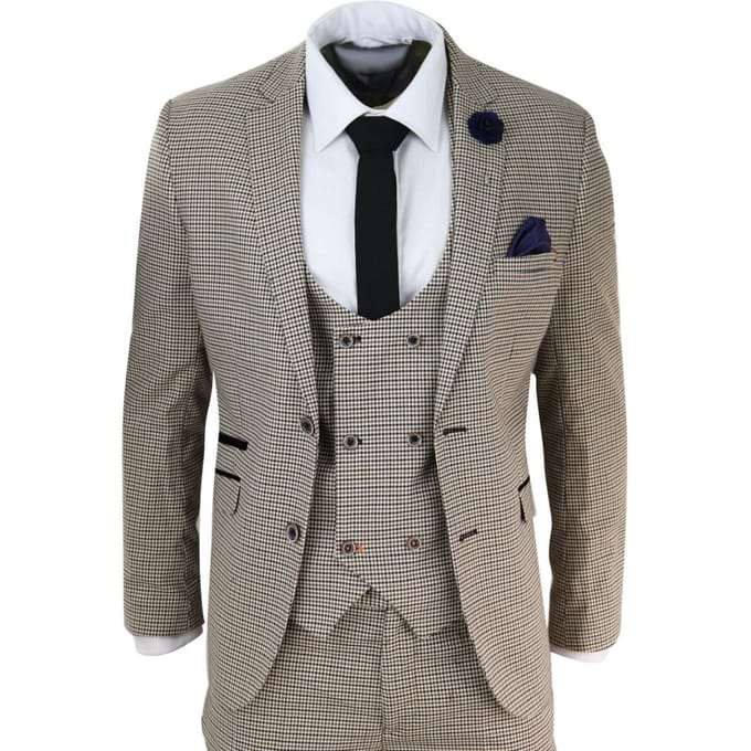 Heren 3-delig beige geruit retro vintage klassiek pak