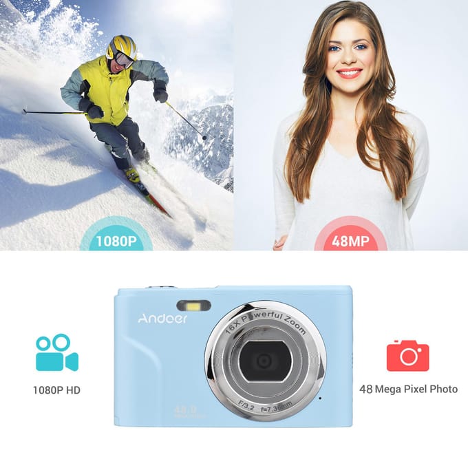 Appareil photo numérique portable Andoer 48MP 1080P Écran IPS 2,4 pouces Zoom 16X Mise au point automatique Retardateur Visage noir