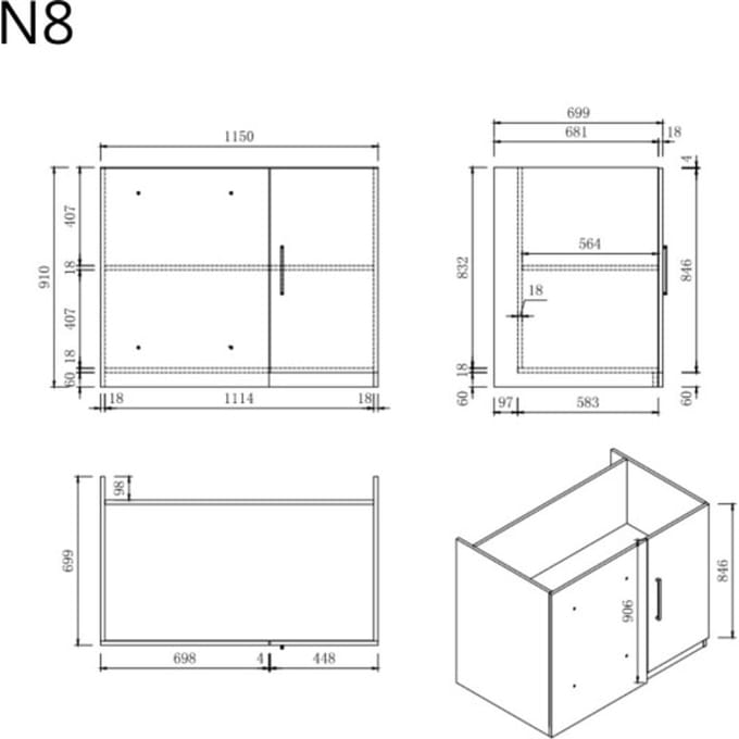 Wasophoogte® Keukenkast - Onderkast keuken - Module N8 - 700(D)*1150(B)*910(H) mm - Wit