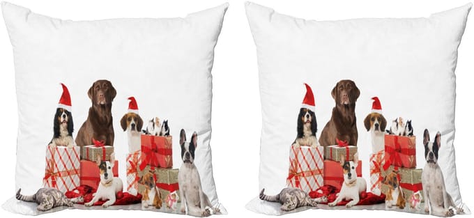 ABAKUHAUS Kerstkussenhoez set van 2, Pets Wonder Boxes, 50x50 cm, bruin, wit, rood