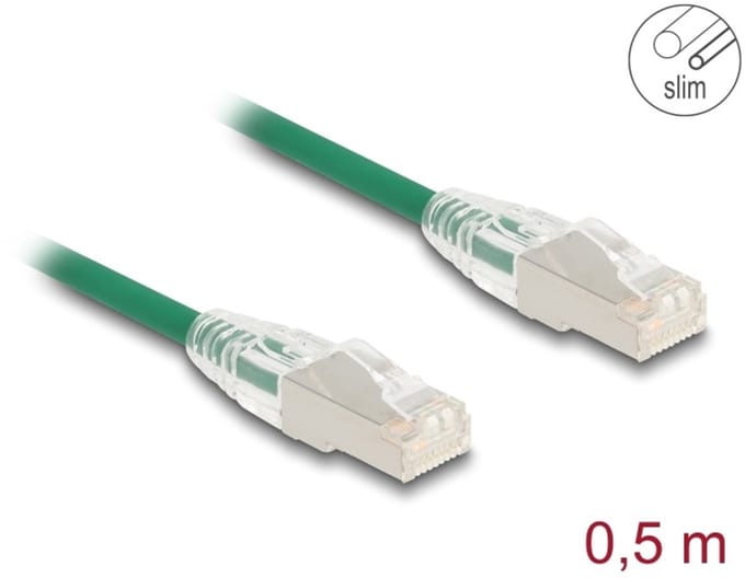 Delock RJ45 Network Cable Cat.6A plug to plug with curved latch U/FTP Slim 0.5 m green