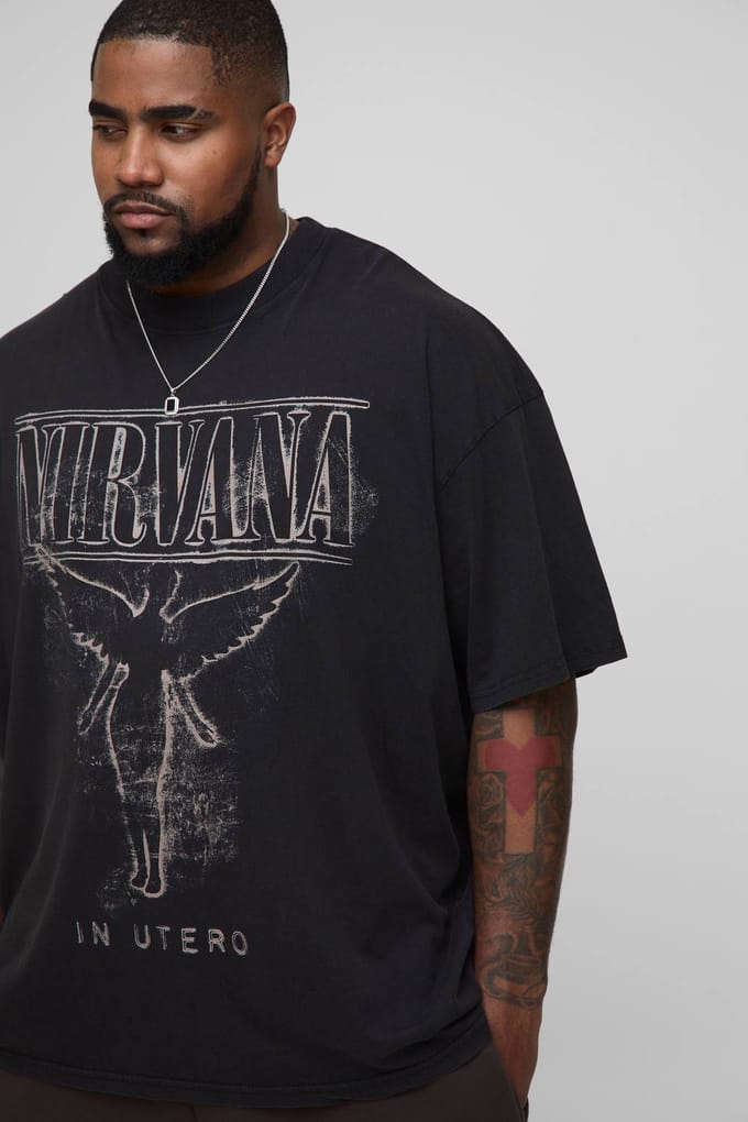 Plus Oversized Nirvana License Acid Wash Print T-Shirt | Acid Wash Black | Size 4XL