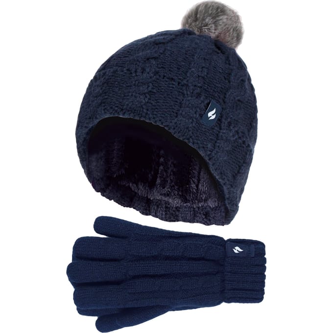 Heat Holders Meisjes Cable Bobble Muts En Handschoenen Set - Marine