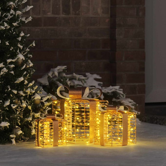 vidaXL - Verlichte - kerstcadeau - doos - 3 - st - 150 - LED's - Warmwit