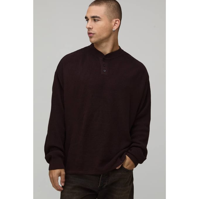Essential Relaxed Fit Henley Waffle Knitted T-Shirt | Chocolate | Size Medium