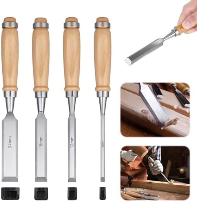 Chisel Set for Wood - 4 Pieces - Woodworking Tools - Chisels for Wood with Impact Cap - Cutting Tools - CRV Steel - Wood Chisel for Precise Working - 6/12/18/24 mm