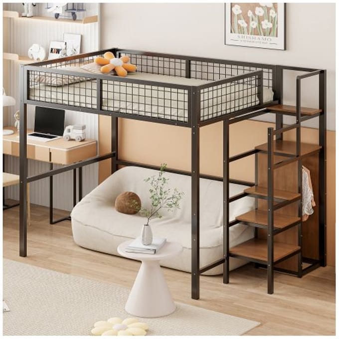 Lit mezzanine - MUVOE - 140x200 cm - Métal - Échelle de sécurité - Rangement intégré blanc