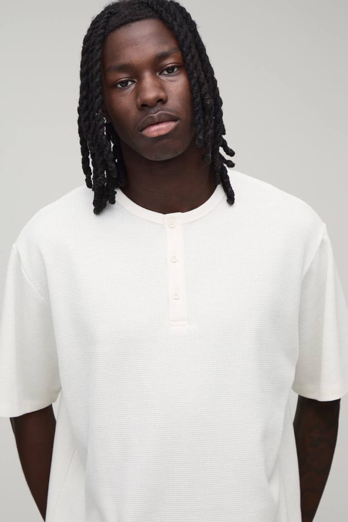 Relaxed Fit Waffle Henley T-Shirt | Ecru | Size Medium