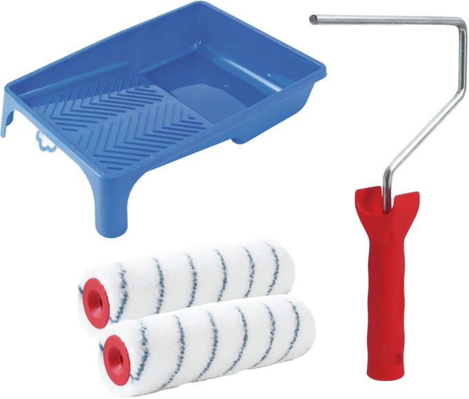 Sorex Verfrollers schilderen set - met beugel en verfbak - 3x anti spat rollers - breedte 18 cm