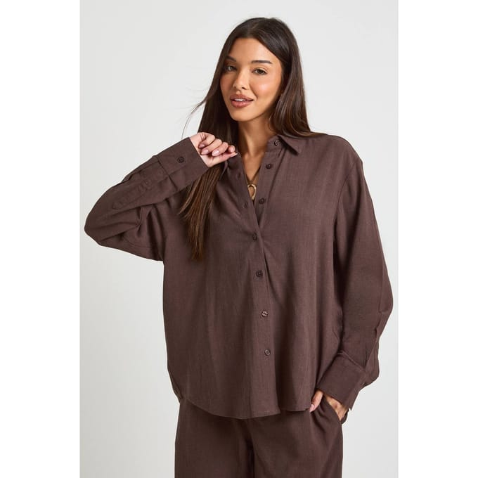 boohoo Dames Premium Linnen Oversized Shirt | Espresso | Maat: 34