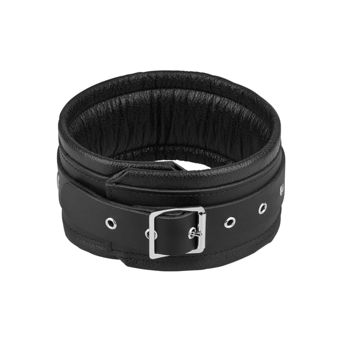 Rimba - Brede En Gevoerde Leren collar Met D-ring Zwart