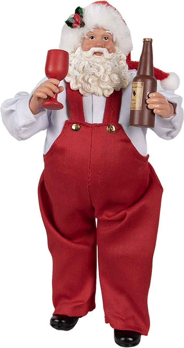 Clayre & Eef Beeld Kerstman 28 cm Rood Textiel op kunststof Beeld Kerstmis