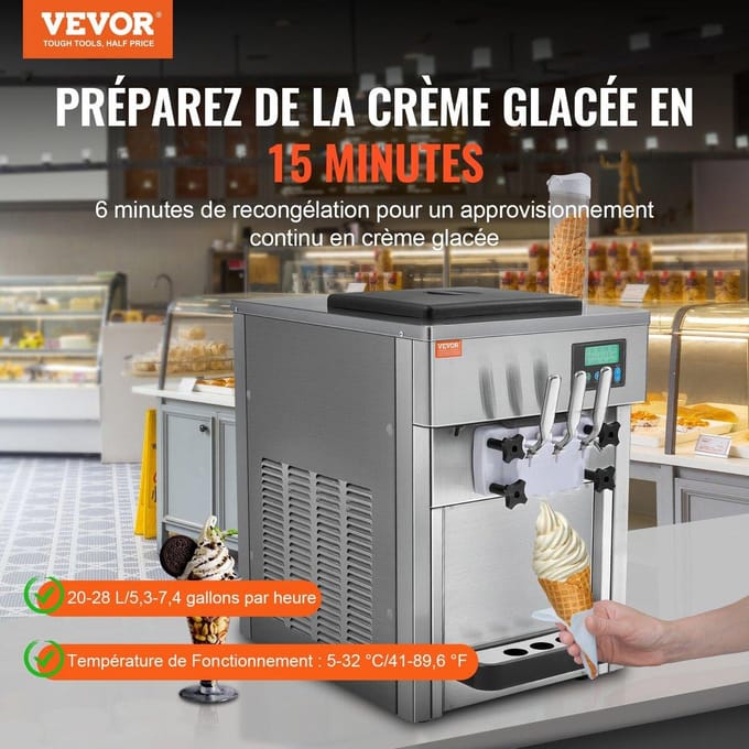Machine à crème glacée soft-serve commerciale 20L/H Rendement 3 saveurs Comptoir