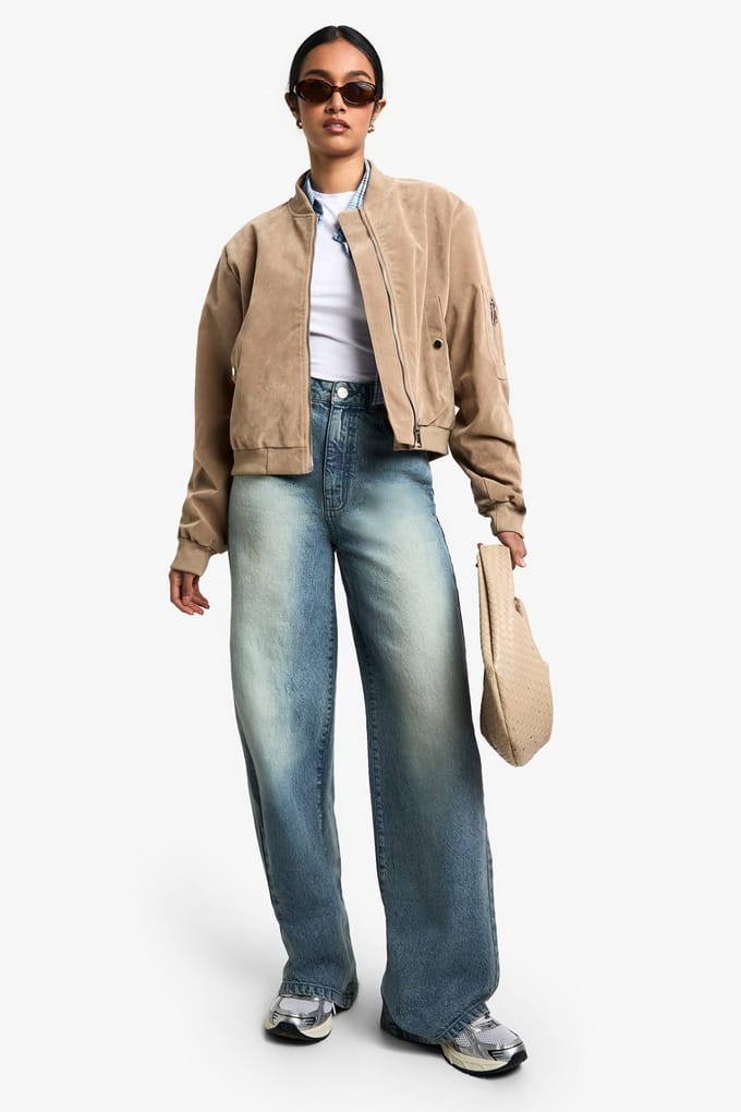boohoo Dames Suede Look Shoulder Pad Bomber Jacket | Stone | Maat: 8