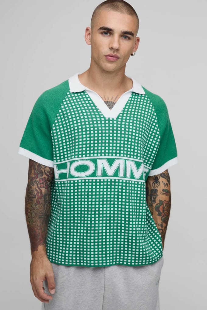 Ontspannen Boxy Varsity Geborduurde Gebreide Polo | Green | Size Medium