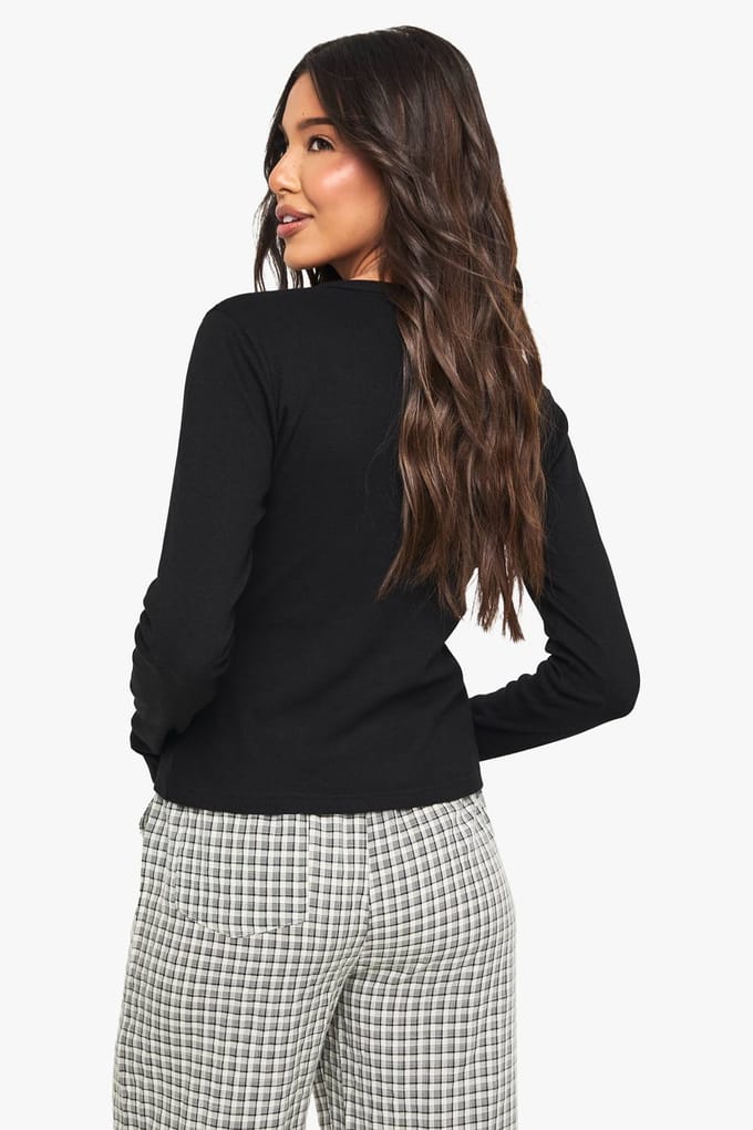 boohoo Dames Rib Popper Front Langmouwen Top | Zwart | Maat: 34