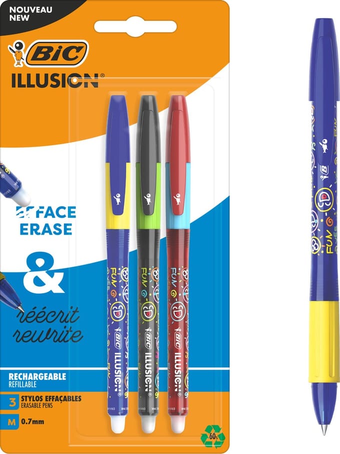 BIC Illusion Uitwisbare Balpennen - Blauwe, Zwarte en Rode Pen - Medium Punt 0,7 mm - 3 Stuks