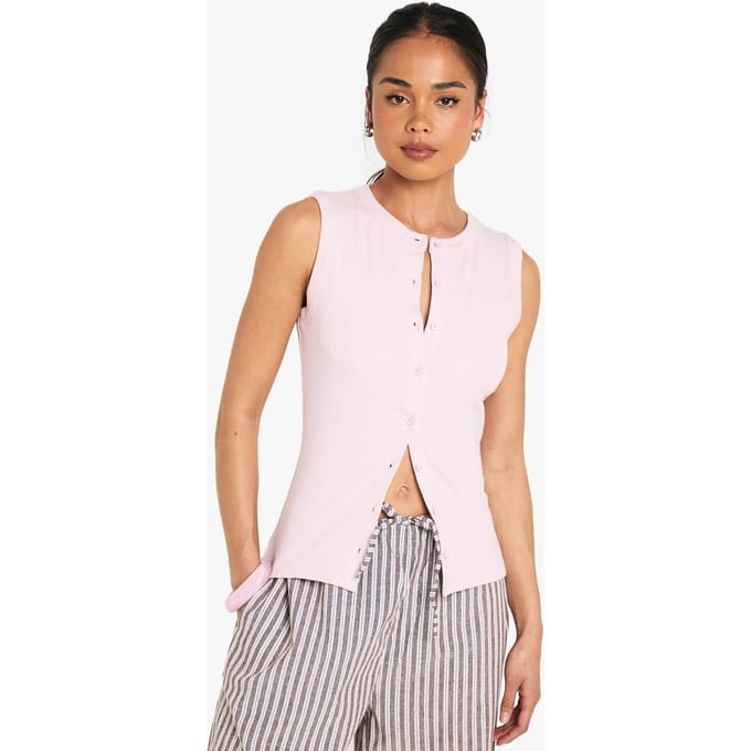 boohoo Dames Geribbelde Top met Knoopsluiting en Lang Model | Roze | Maat: 40