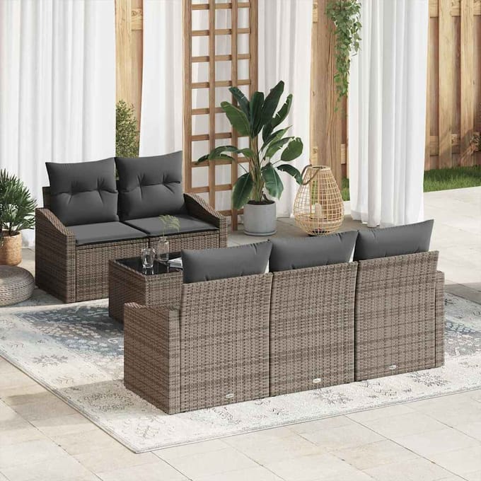 vidaXL Bankstel met kussen met kussen 6 pcs Grijs poly rattan
