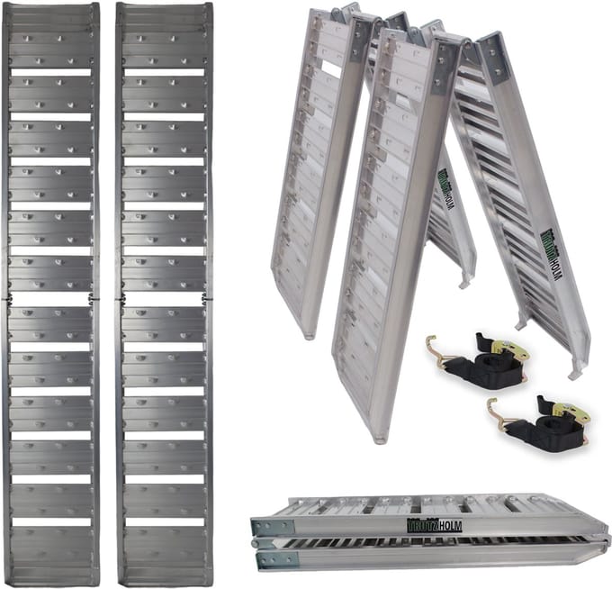TRUTZHOLM 2 x opklapbare oprijplaat 180 cm draagvermogen 400 kg aluminium grijs geribbeld/ geperforeerd laadbrug