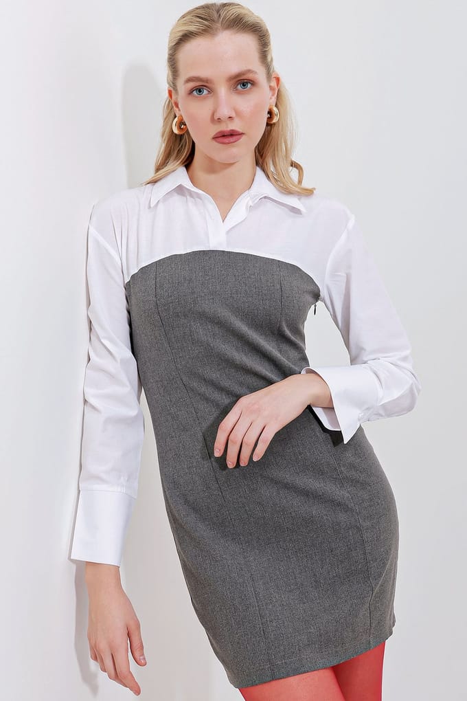 Kleurgebloekte Mini-jurk met Hemdcol en Lange Mouwen