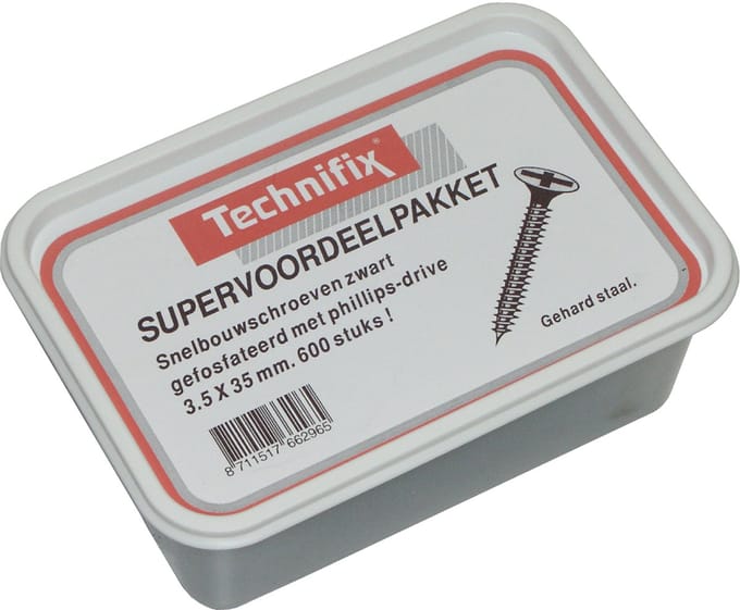 Gipsplaatschroef zwart 3.5 x 25 mm. lang. Gefosfateerd. 800 stuks. Deltafix. Technifix.