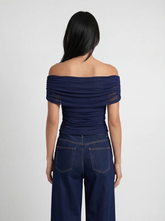 boohoo Dames Plus Mesh Bardot Gerimpelde Top | Marineblauw | Maat: 44