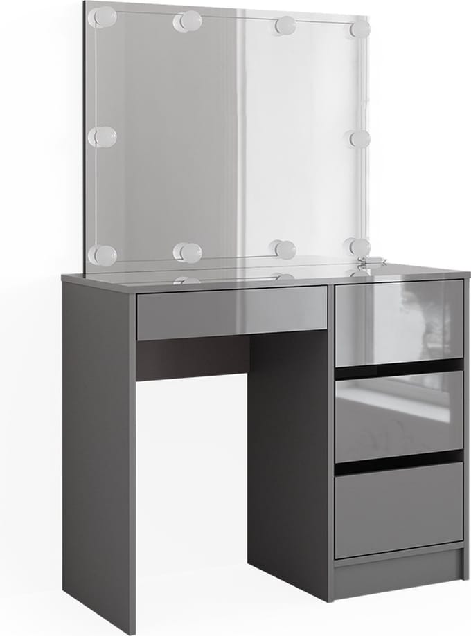 Vicco Kaptafel set met kruk Sherry, Grijs, 90 cm met spiegel en LED-lichtslinger