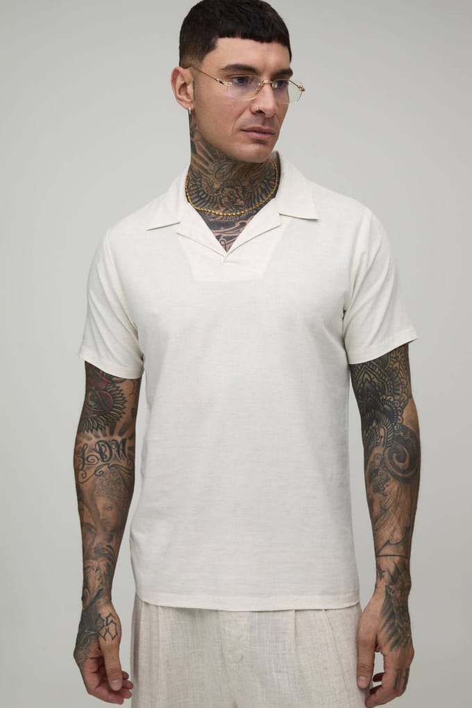 Tall Linen Blend Slim Revere Polo T-Shirt | Natural | Size Medium