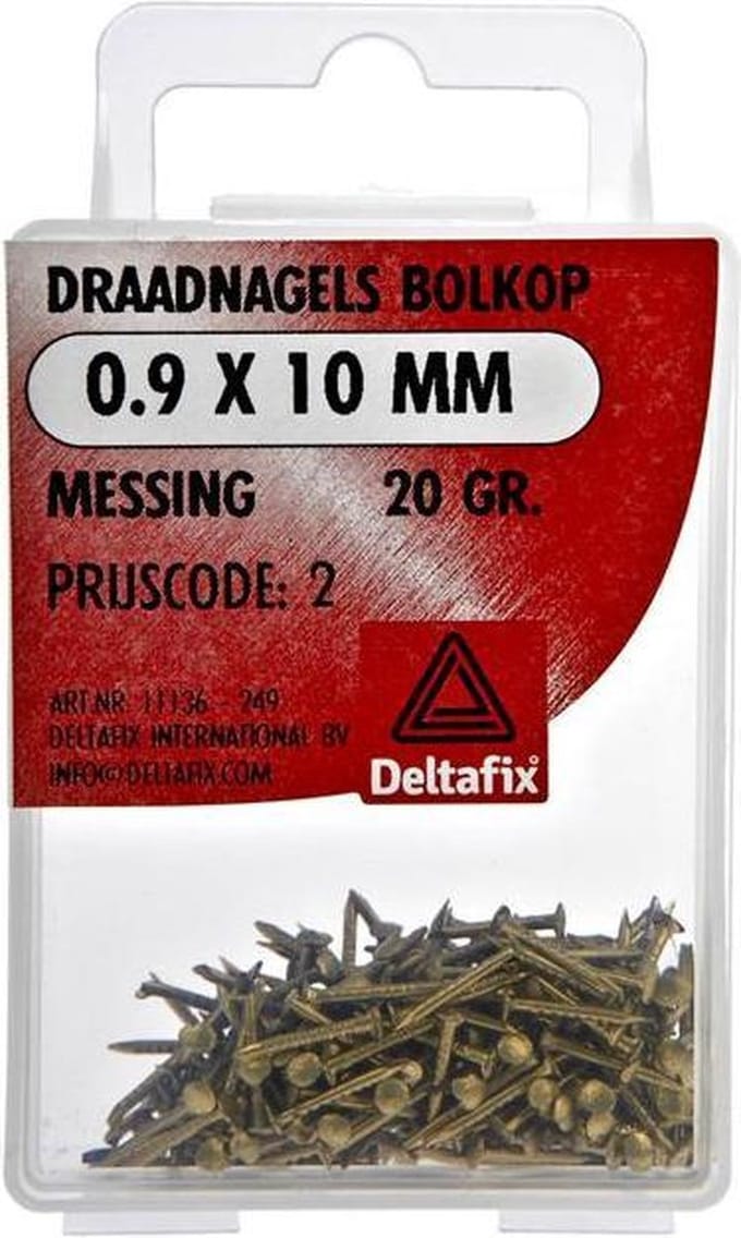 Draadnagels. Bolkop. Messing. 0.9x10mm. lang. 20 gram Spijkers . Koperkleur. Deltafix.